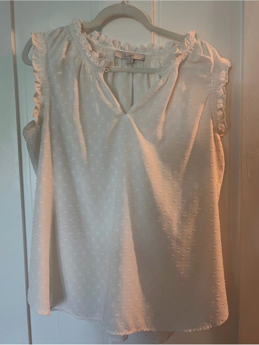 LOFT Cream Ruffle Trim Swiss Dot Sleeveless Blouse